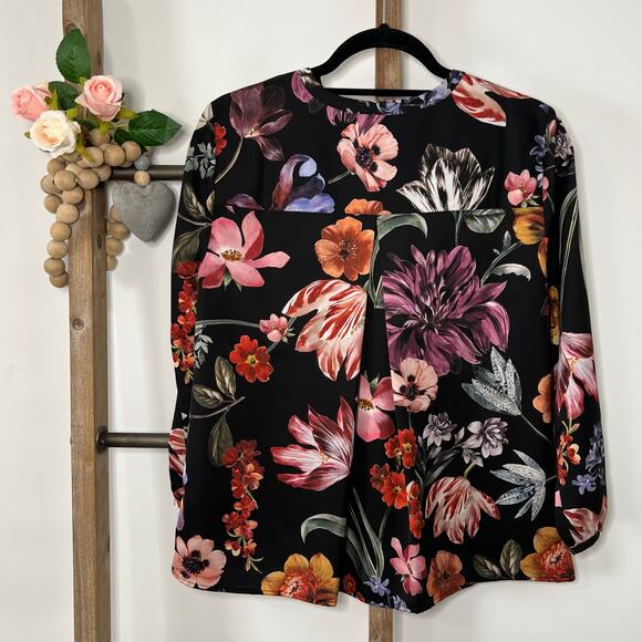 J Crew V Neck 3/4 Sleeve Blouse Black Floral Size Small - Picture 4 of 6